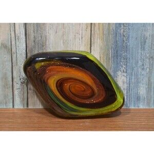 Hand Blown Art Glass Paperweight Green Copper Aventurine Swirl Galaxy Stone